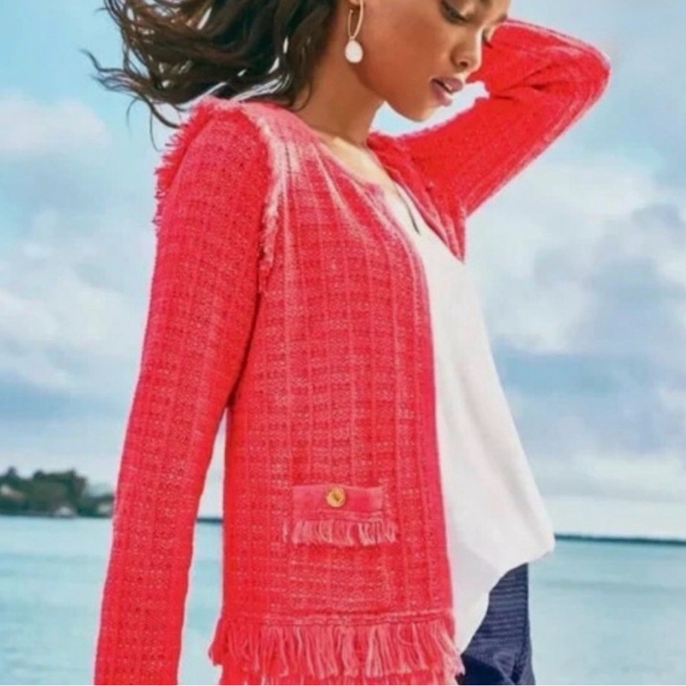 Lilly Pulitzer Simora Fringe Cardigan Spicy Coral Metallic Tweed Crewneck XS